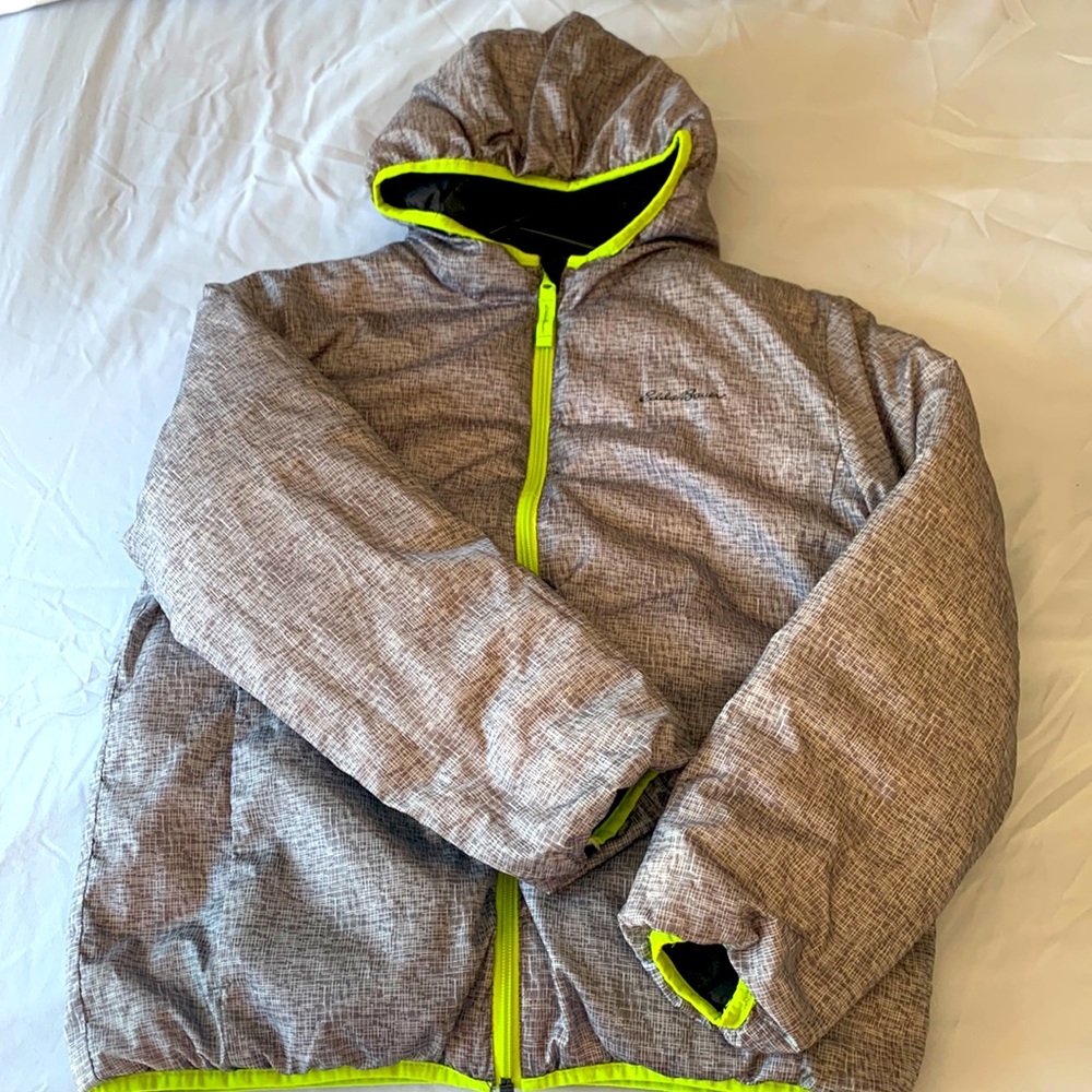 Eddie Bauer Boys’ Reversible Jacket, sz Large (14/16),black/gray/neon green trim